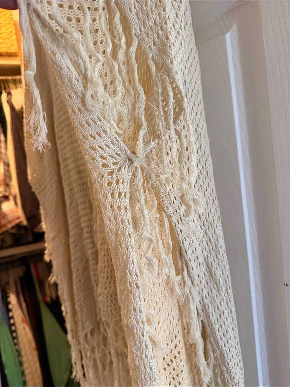 Free People Cream Open-Knit Fringe Poncho Sweater